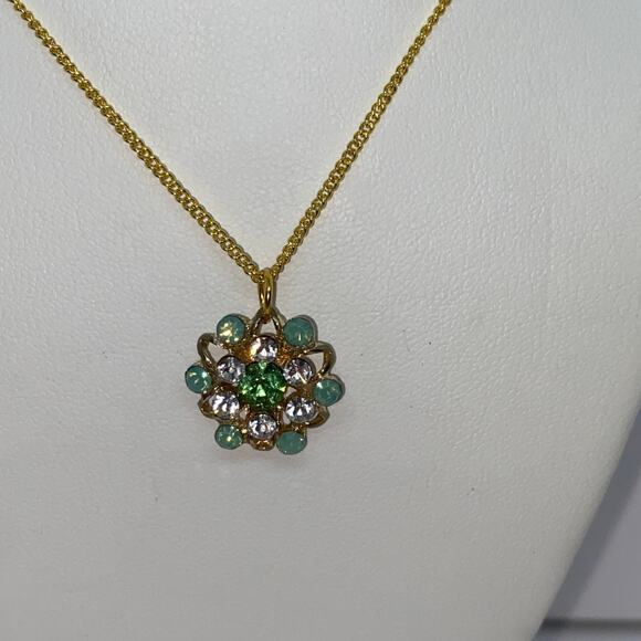 Gold-Tone Turquoise Green Rhinestone Necklace - Picture 2 of 8